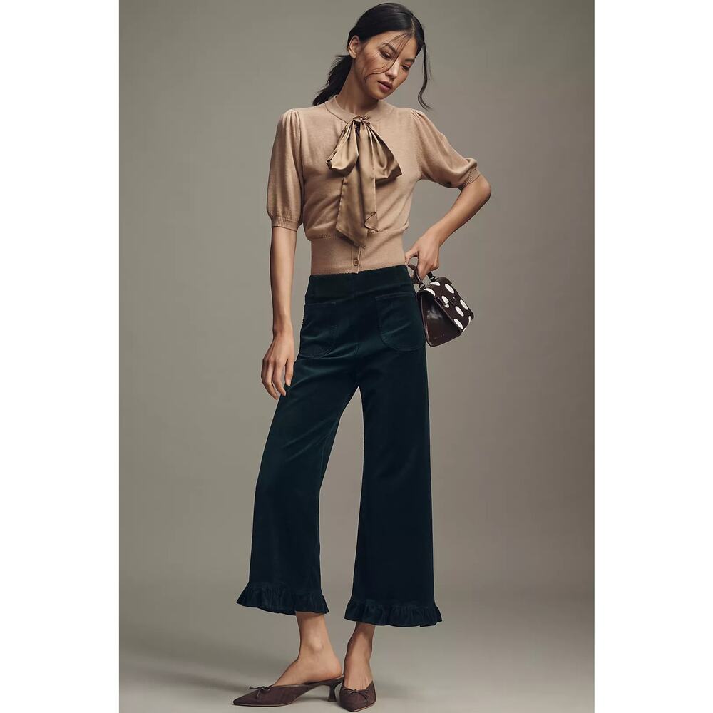 Anthropologie Maeve The Colette Crop Velvet Ruffle Hem Pant Dark Hunter Green 32